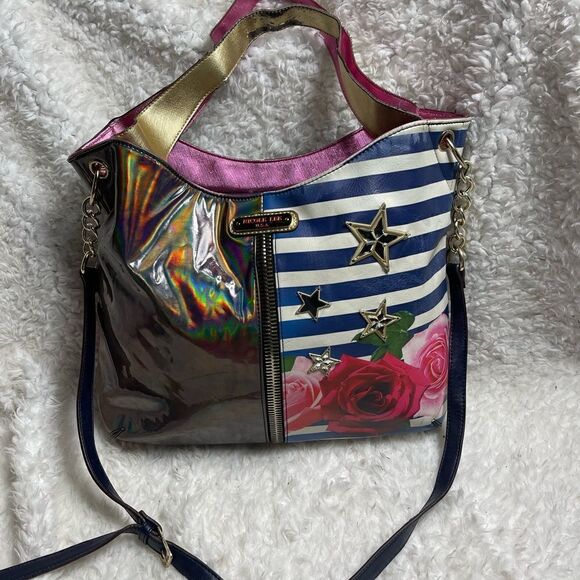 Nicole lee American Flag Satchel/shoulder bag Blue & white stripes ,red … - Picture 3 of 12